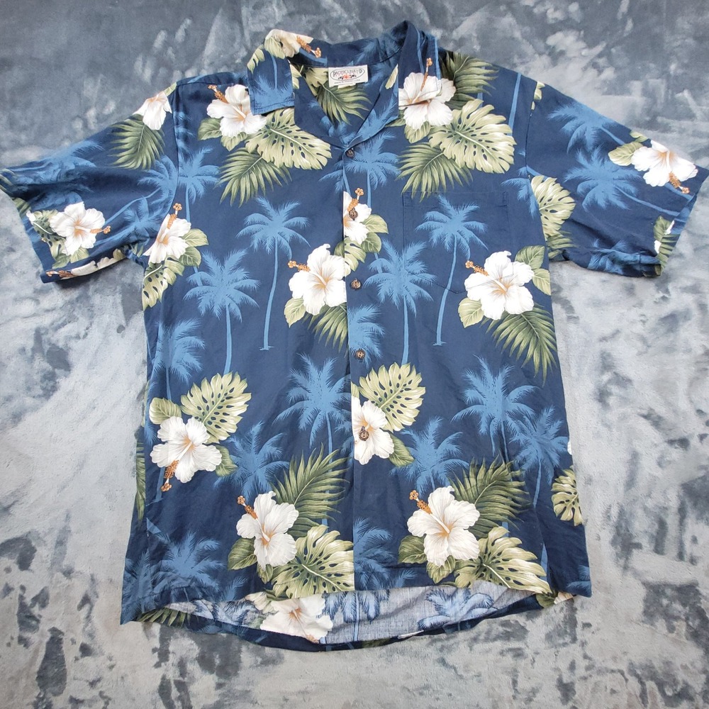 Pacific Legend Mens Hawaiian Shirt Navy Blue Hibiscus Tropical Made in‎ USA